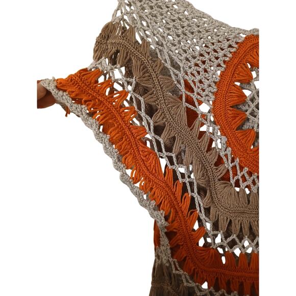 Vntg 90s Crochet Top Hairpin Lace Overlay Sweater Sz M Gray Orange Hippie Gypsy - Picture 10 of 15